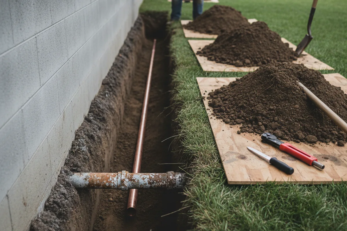 Excavated water line trench during Water Softener Installation in Patriot